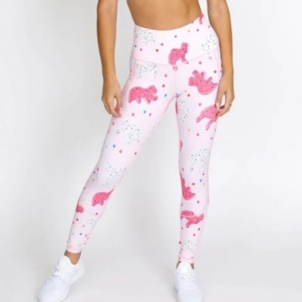 Feed Me Fight Me FMFM Animal Cookie Pink Workout Leggings Size Medium